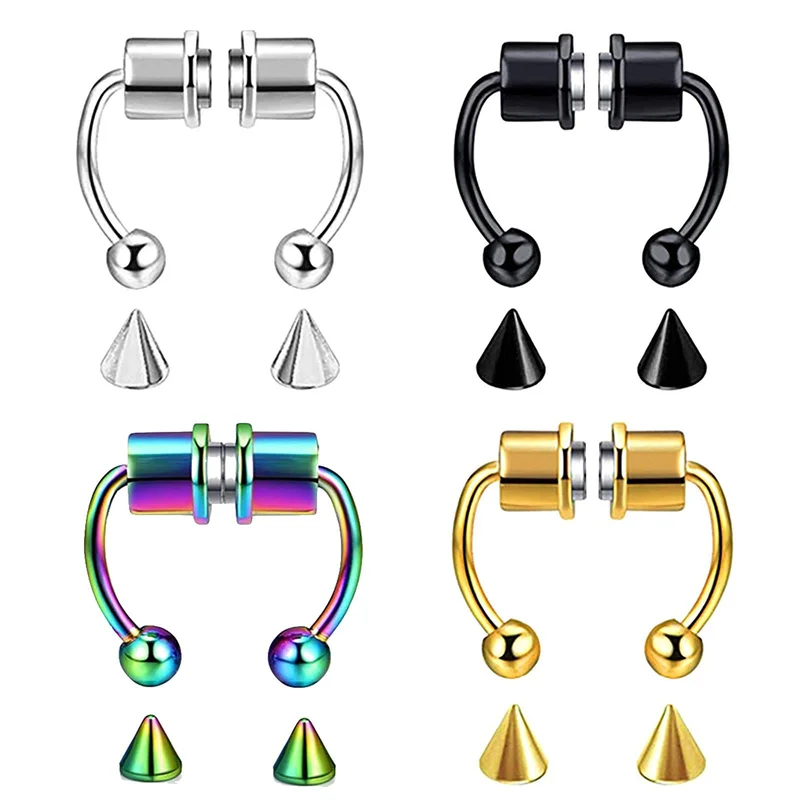 1/4Pcs Women Fake Piercing Nose Ring Hoop Septum Piercing Nose Clip Rock HipHoop Stainless Steel Magnet Fashion Body Jewelry view 5