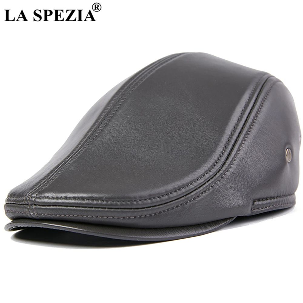 LA SPEZIA Black Men Flat Cap Sheepskin Real Leather Men\'s Brand Cap High Quality Autumn Winer Earflaps Men\'s Duckbill Ivy Cap