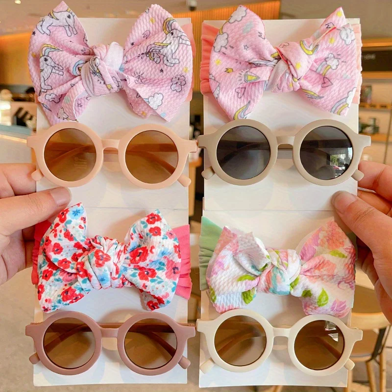 2 Pcs/Set New Children Round Sunglasses Set Baby Girls Sunglasses Solid Color Cotton Bowknot Wide Hairband Kids Hair Accessories
