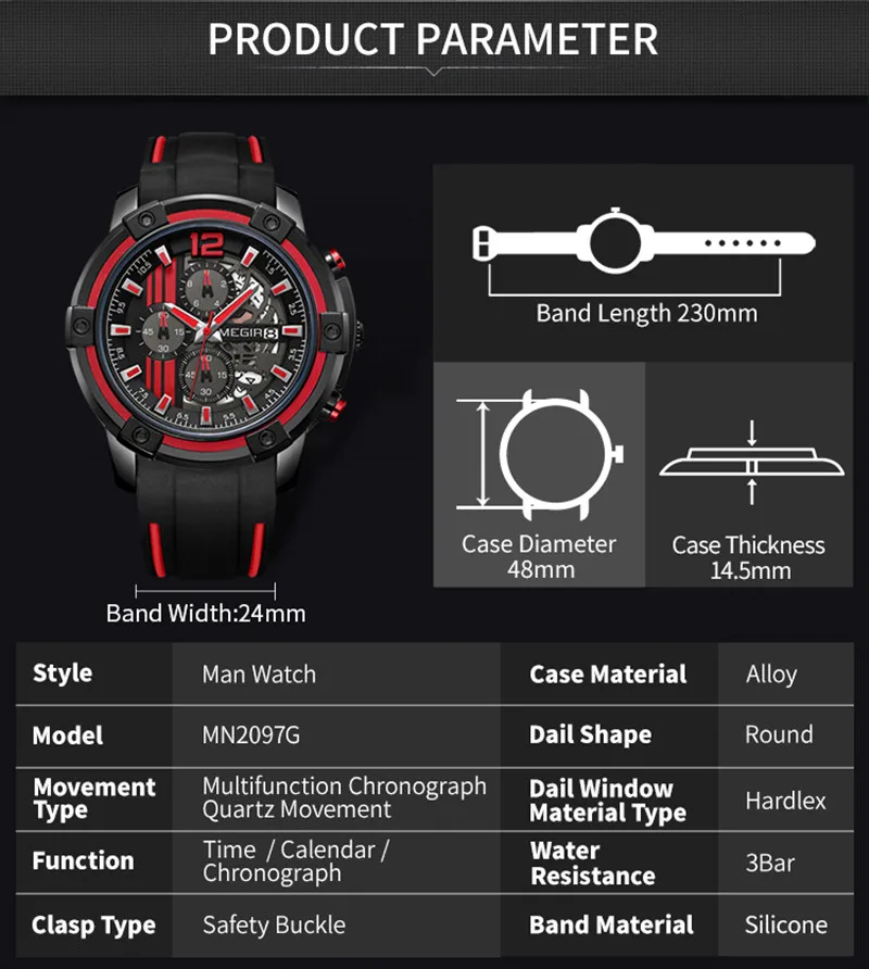 MEGIR Luxury Sport Quartz Watch Silicone Band Big Dial Military Wrist Watch Chronograph Waterproof Male Clock Relogio Masculino