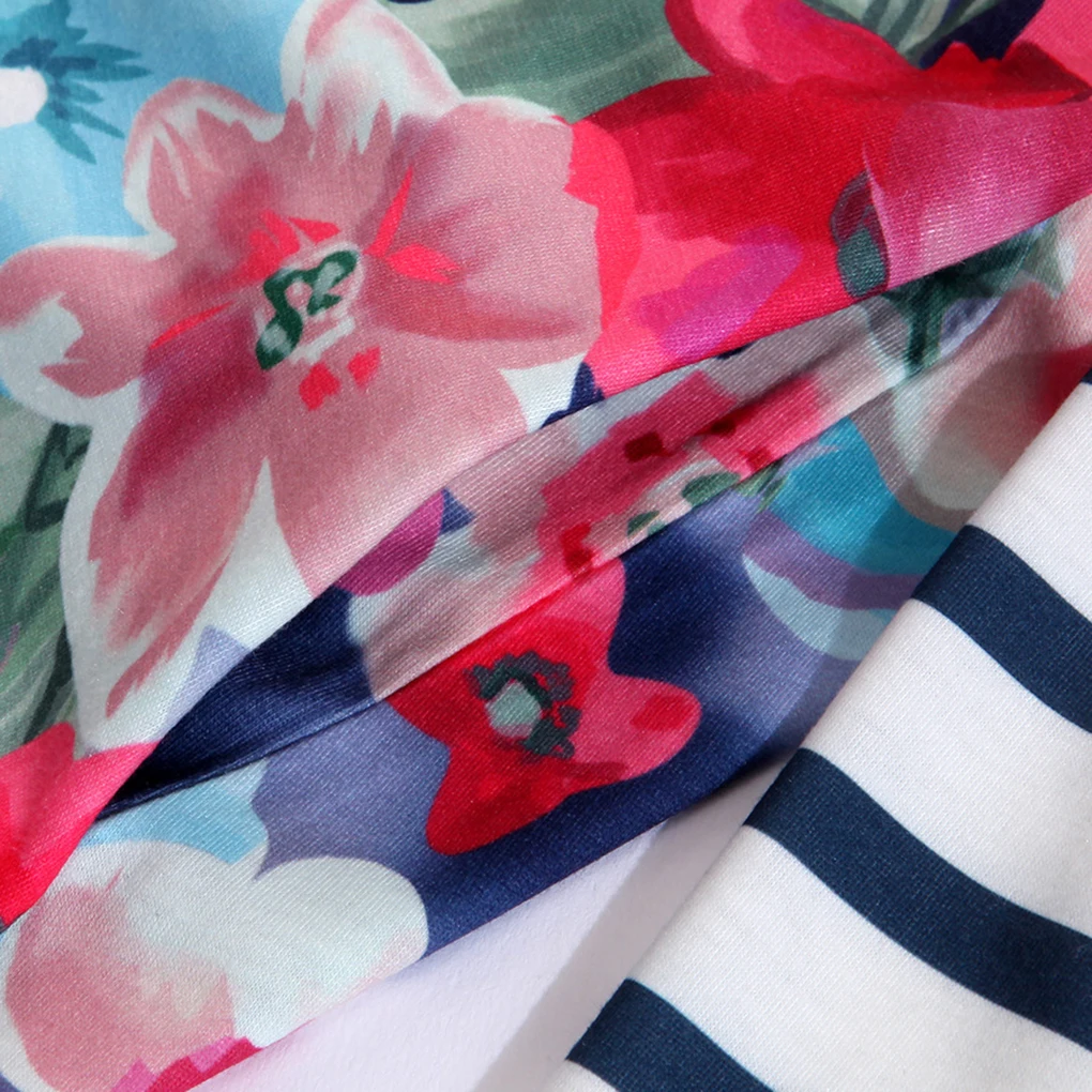 Femmes fille col rond épissage Foral rayure Mini robe poche latérale robe à manches longues