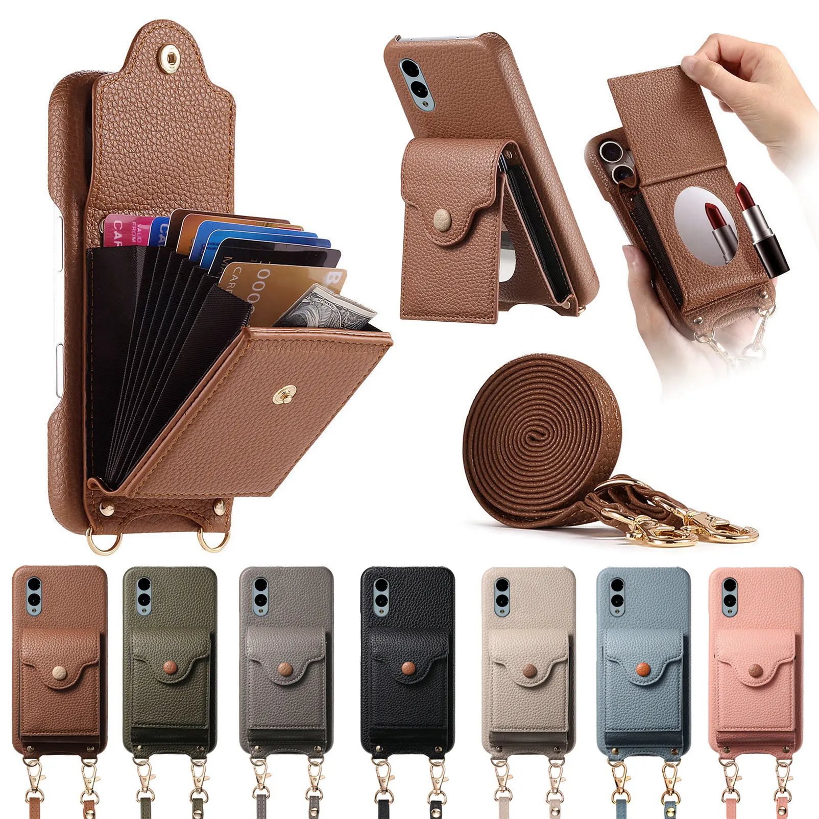 

Crossbody Wallet Case For Fusitsu WE2 Litchi Texture PU Leather Phone Card Holder Back Cover with Mirror & Shoulder Strap