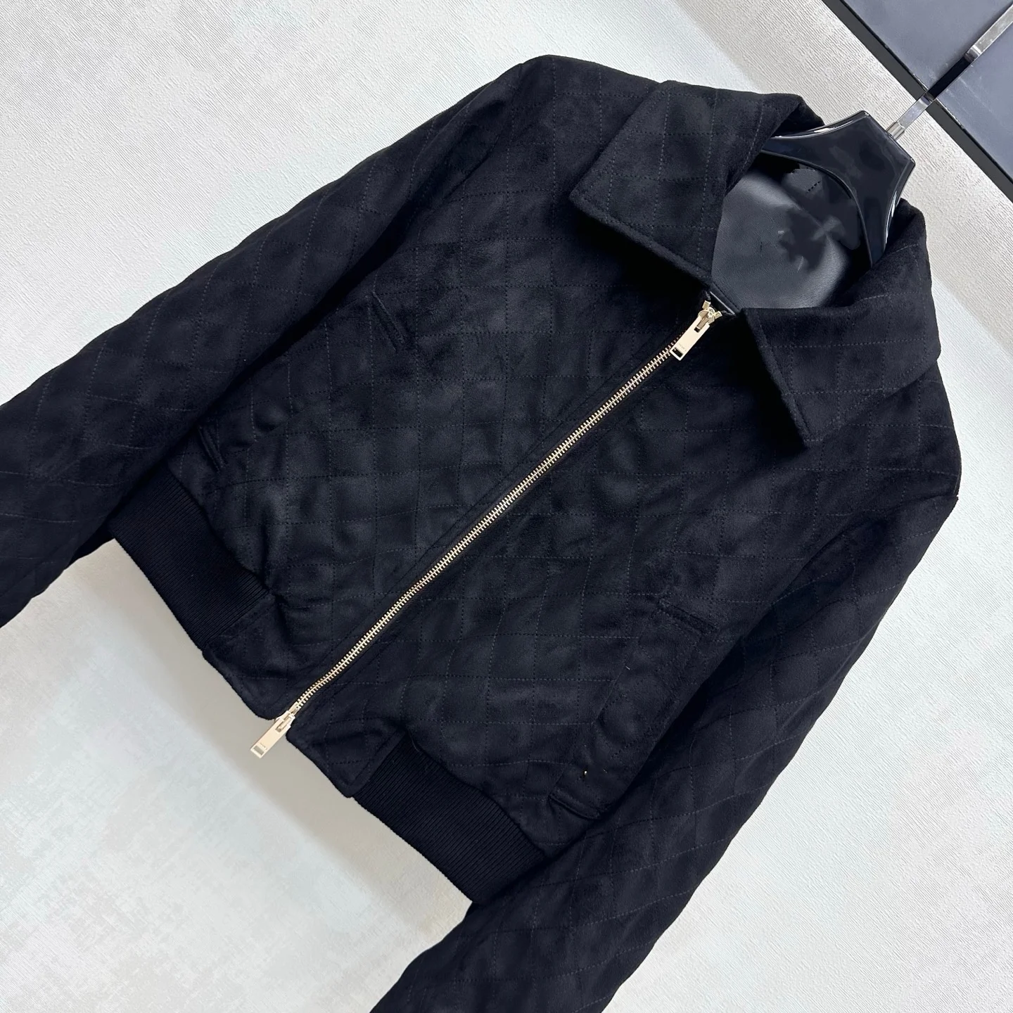 2026 New Deerskin Velvet Diamond Pattern Jacket Coat - Collared Short Sleeve Zip Jacket Coat