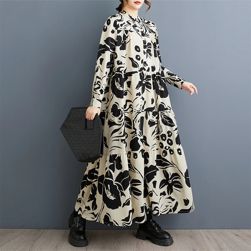 Retro europeu impressão longa sve a linha dr plus size primavera outono faion cintura alta emagrecimento maxi dr roupas femininas