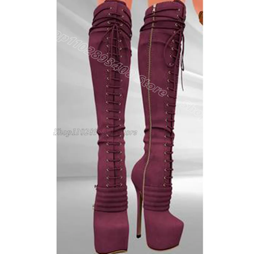 Crimson Platform Lace up Boots Round Toe Side Zipper British Style New Fashion Spring Women Knee Boots 2025 Zapatos Para Mujere