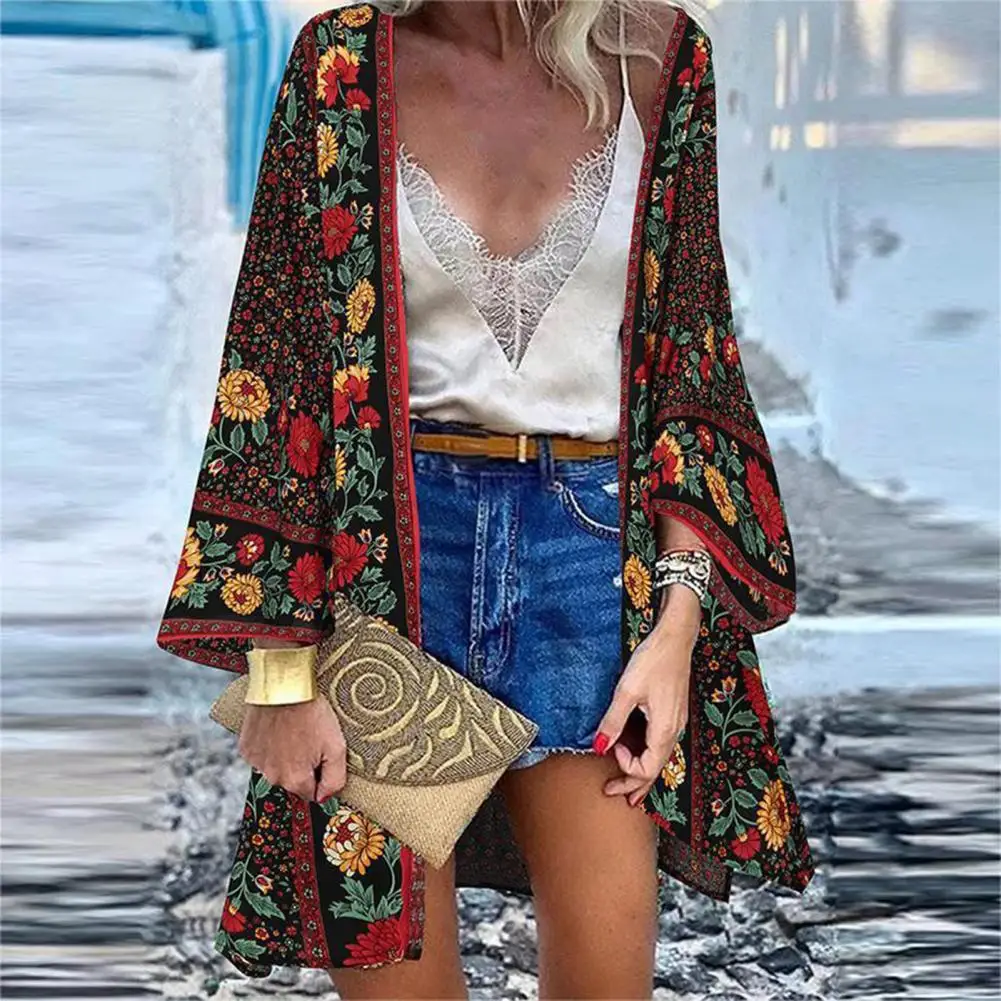 Floral Print Batwing Sleeve Women Cardigan Vintage Bohemian Sun Protection Open Front Lady Blouse summer vocation Beach Blouse