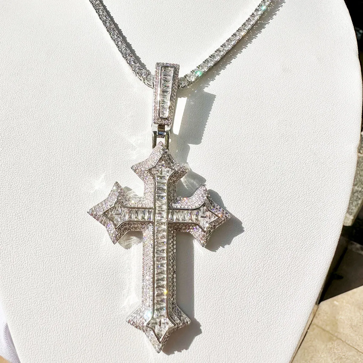 Out Cross Necklace for Men Prong Setting Real Copper Cubic Zirconia Hip Hop Jewelry Dropshipping Items