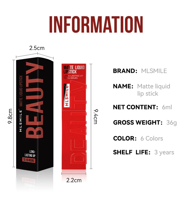MLSMILE 6색 논스틱 컵 벨벳 새틴 글로스 립글레이즈 미스트 리퀴드 매트 립스틱 방수 롱래스팅 컬러 리퀴드