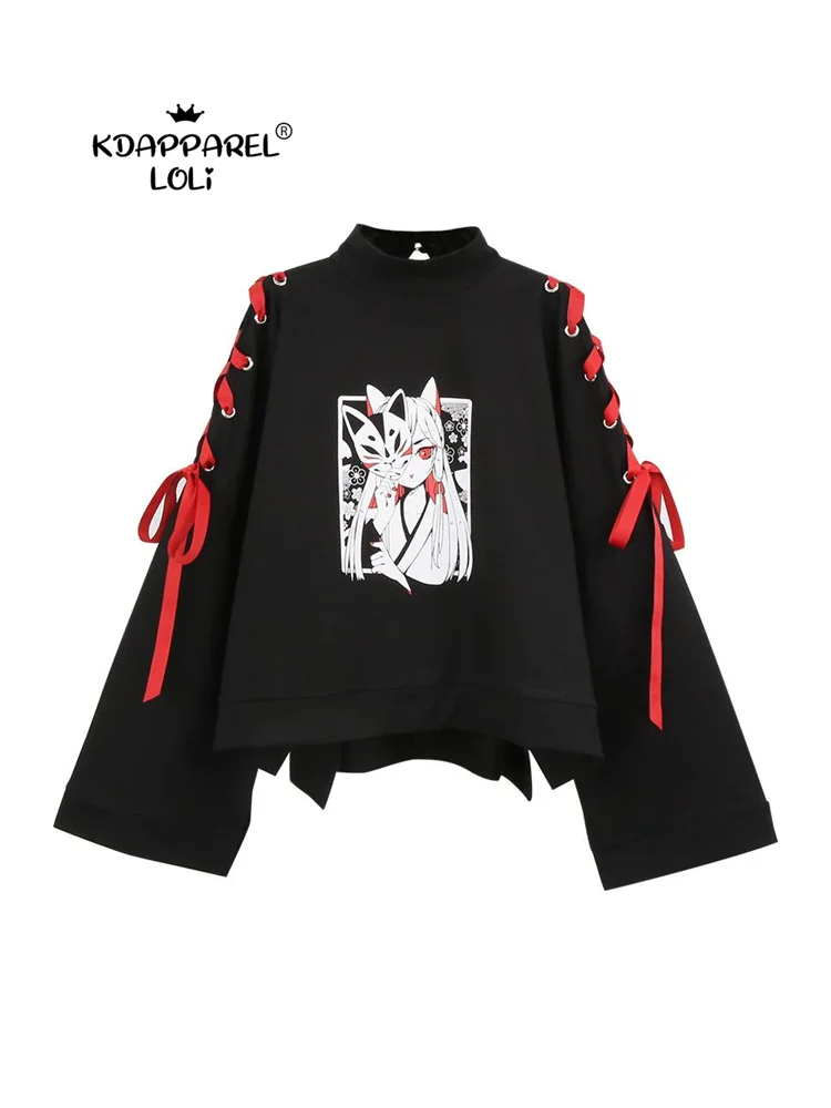 Japanese Oversized Printed Anime Hoodie Women Gothic Street Cool Black Pullover Harajuku Girls Kawaii Comic Cropped Sweatshirt