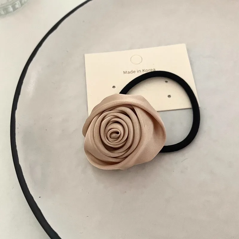 New French Satin Rose Scrunchie With Ponytail Headband With Sweet Vintage Women's Leather Band Hair Accessories