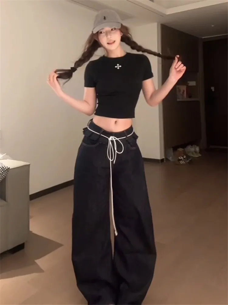 

Женские джинсы с низкой посадкой и широкими штанинами в стиле ретро, весенне-осенние, длинные, свободные, струящиеся, с высокой талией, удлиненные, из денима.