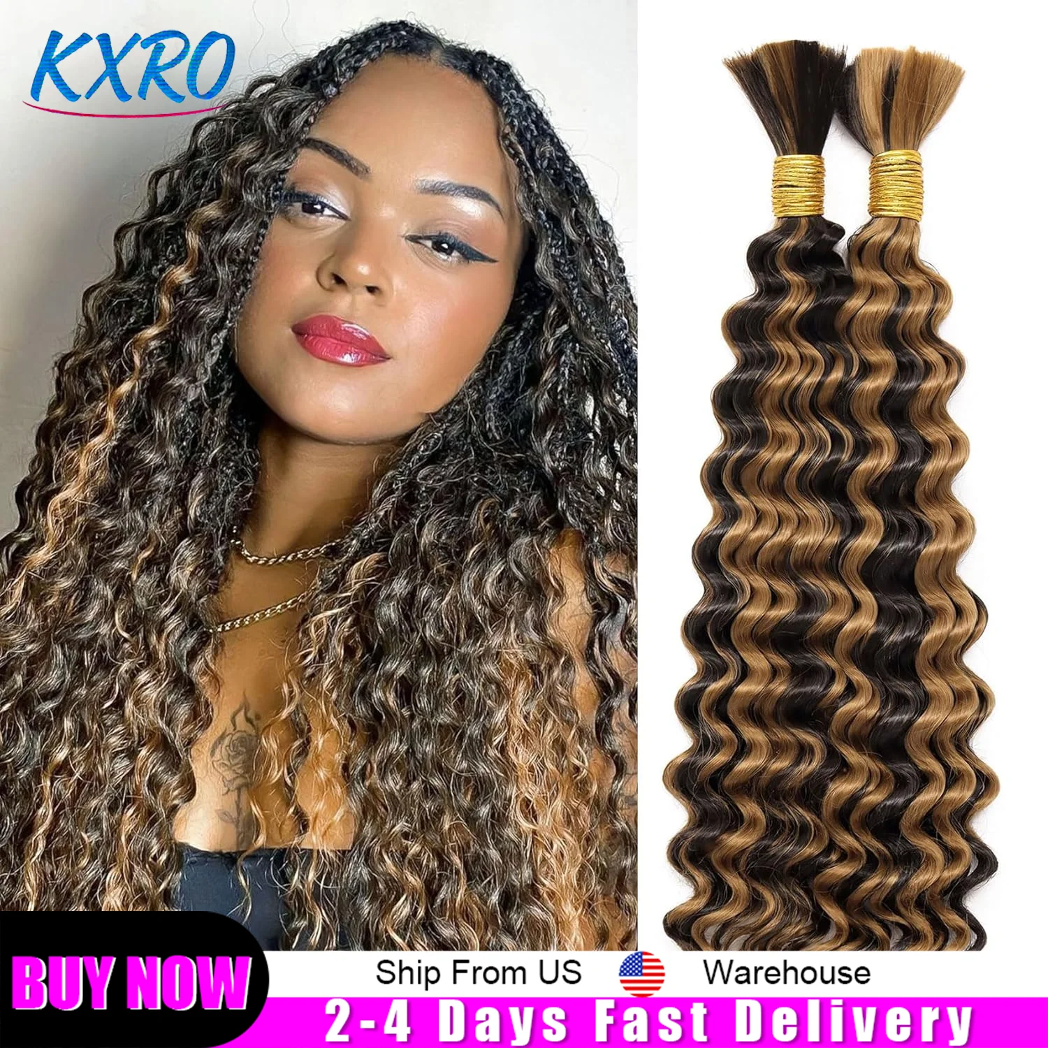 

High Quality Boho Bulk Braiding Hair Human Hair P4/27#Deep Wave 1ps/100g 16-26Inch Full Hand Weaving Unprocessed for Women