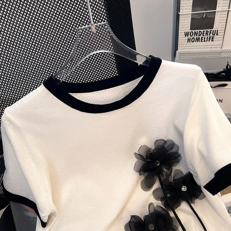 Beading Flower Thin Short Sleeve Sweater Women Knitted T-Shirt Korean O-Neck Elegant Black White Pullover Jumper Top V1508