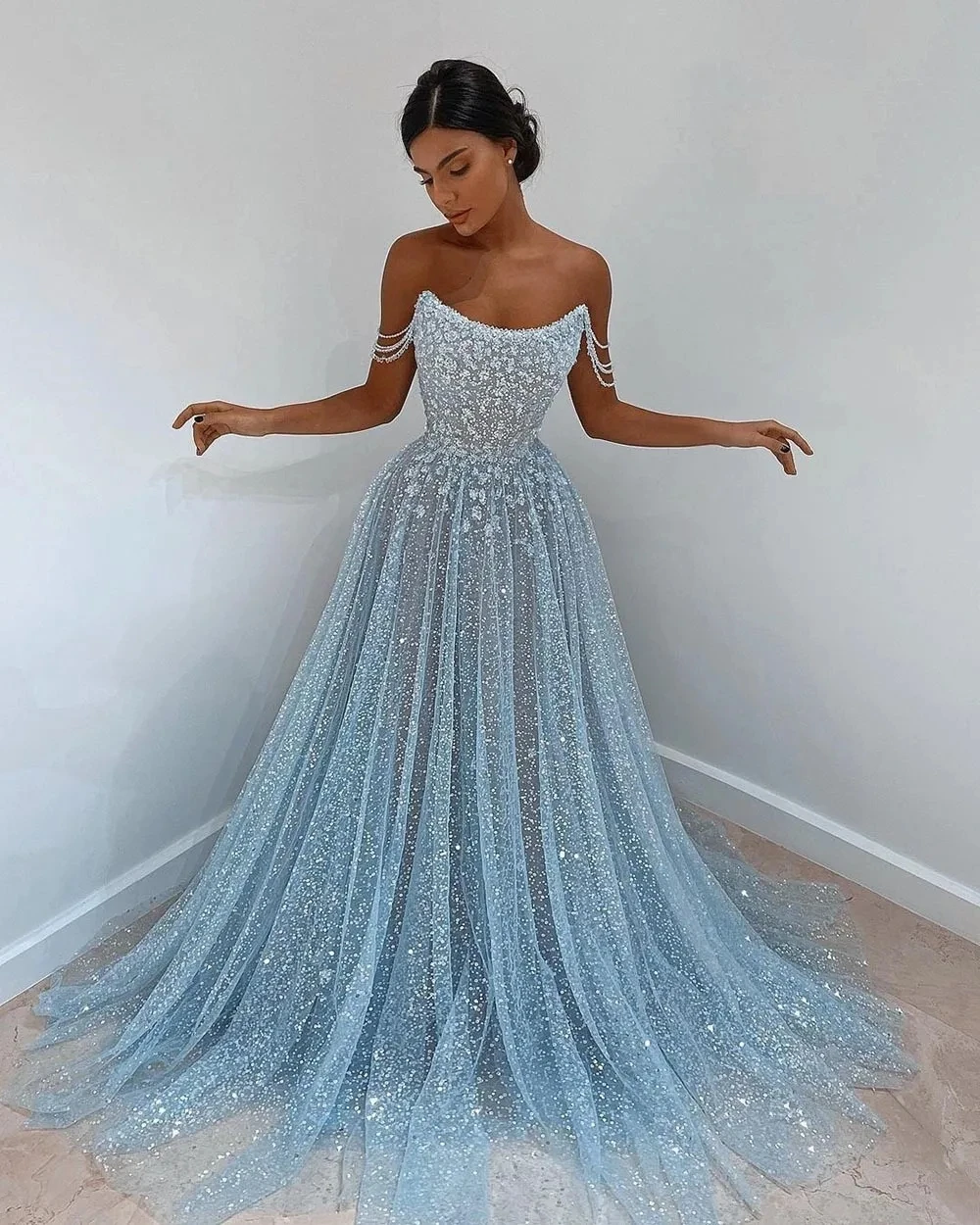 Sparkle Prom Dresses Sky Blue Sequin Formal Evening Dress Tulle Flowers Lace Appliques Wedding Party Gowns vestidos de gala