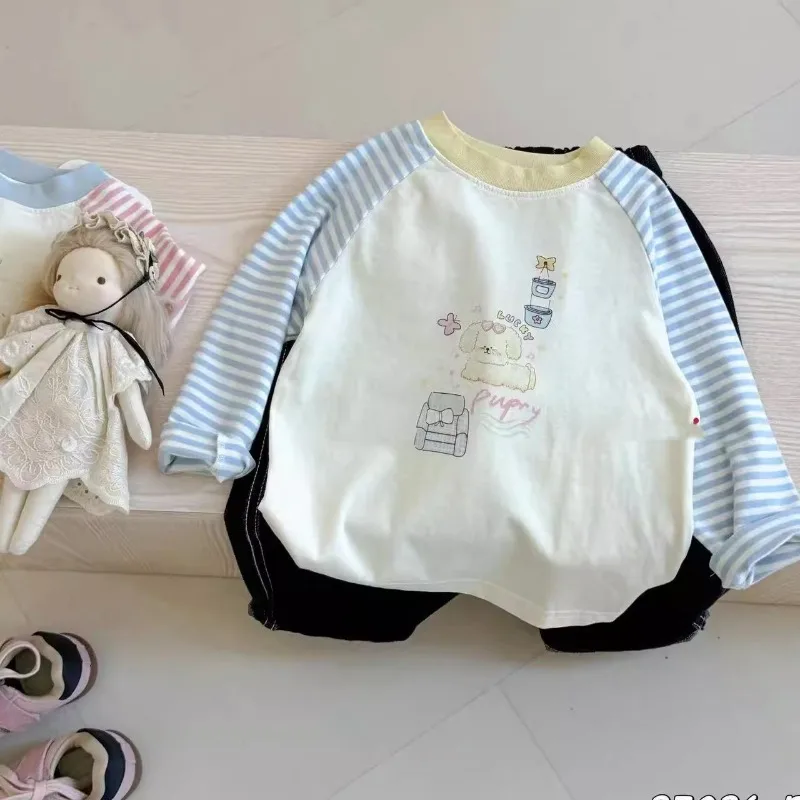 

Boys Girls T-Shirts 2025 Spring Autumn Striped Pure Cotton Long Sleeve Cute Cartoon Print Color-Blocked Base Layer T-Shirt