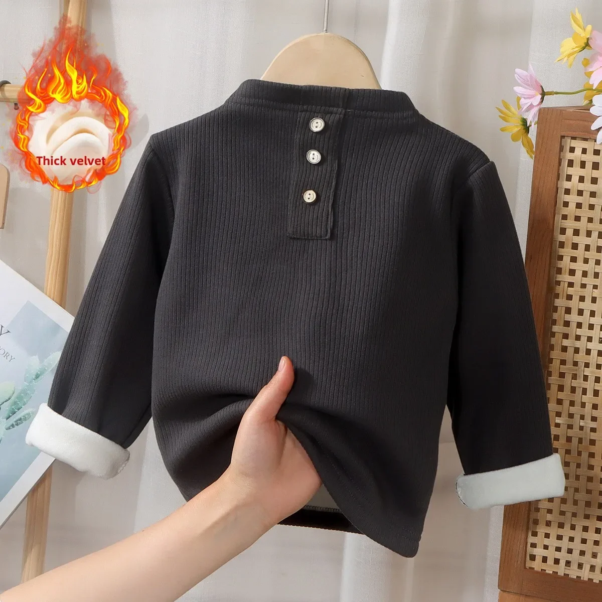 Fleece-gefütterter Baby-Body für Kleinkinder, Winter, dick, halber Hals, Thermo-Unterhemd, einfarbig, warme Basisschicht für Babyjungen und -mädchen – Detail 6