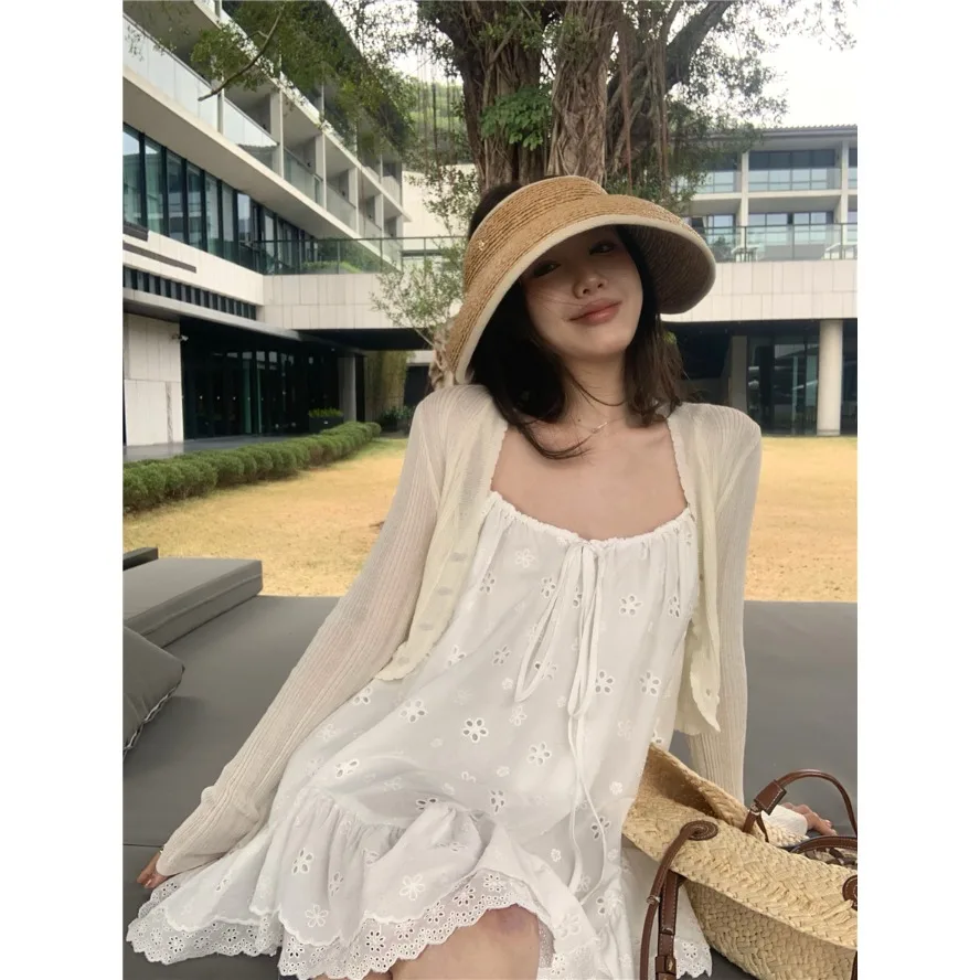 

Beach Vaion Sle Faion Set Women's ort Strapl Dr Sun Protection Knitted Cardigan Two-Piece Set 8-25 Years Old