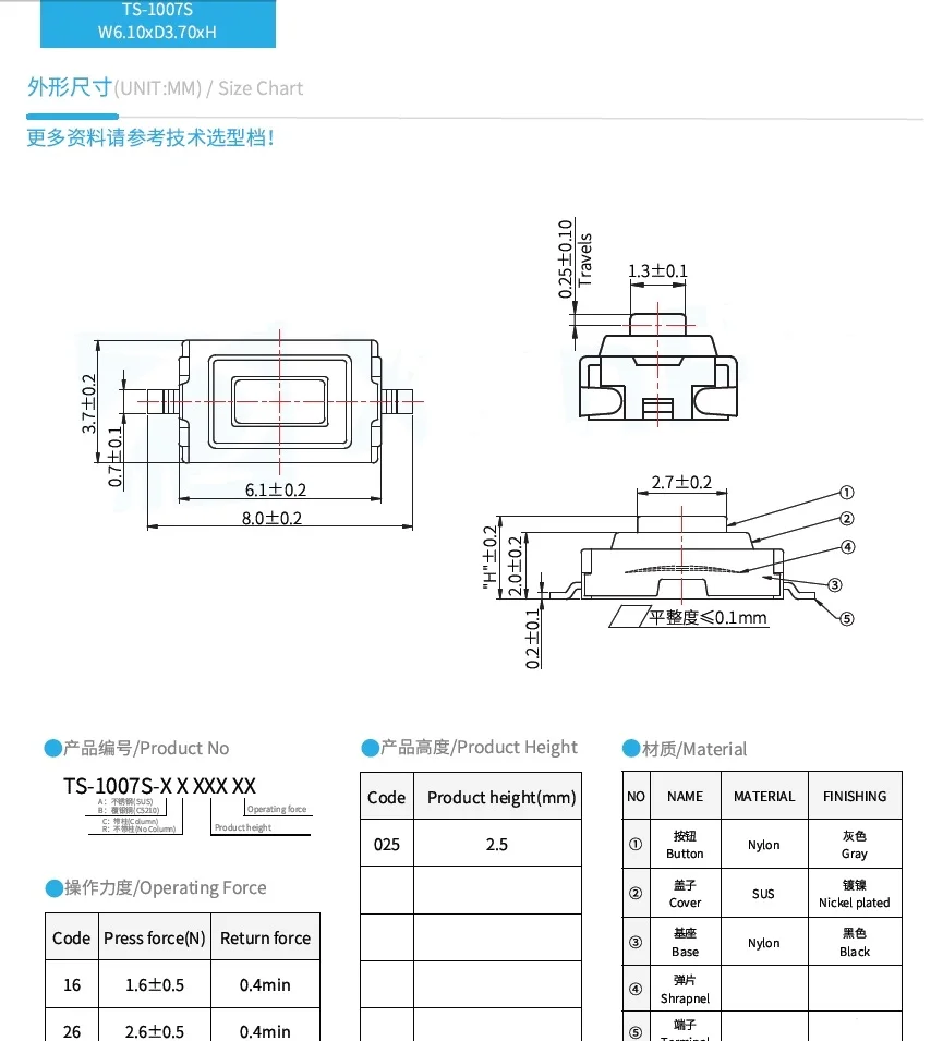 10 قطعة/TS-1007S-26(6.1X3.6X2.5) TS-1007S-AR02516(6.1X3.6X2.5) مفتاح اللباقة