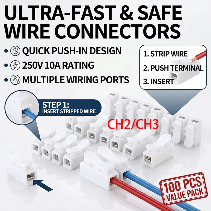 

100Pcs CH2/CH3 Push-Type Quick Wire Terminals,2/3Pin 5A 250V Spring Loaded Connector for LED Lighting&Electrical Wiring Projects