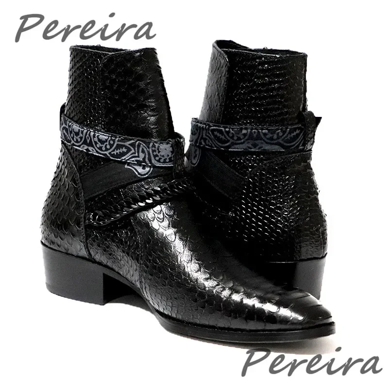 

British Style Snake Pattern Chelsea Boots Belt Buckle Metal Chain Leather Boots Black Pointed Toe Casual High-Top Men's Shoes