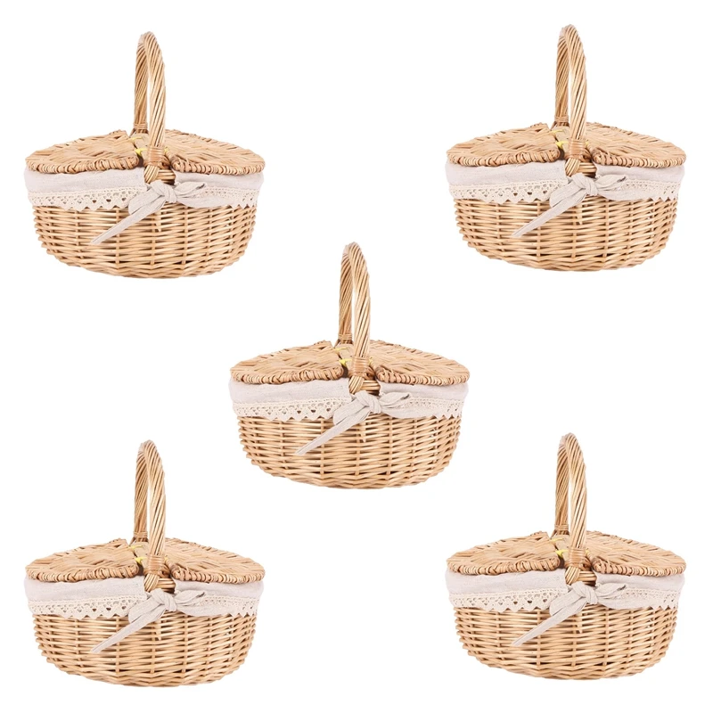 

5X Handmade Wicker Basket With Handle Wicker Camping Picnic Basket With Double Lids Hamper Basket With Cloth Lining