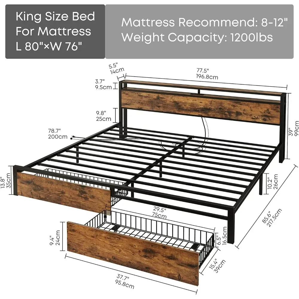 bed.King Bed Frame with Storage Headboard, Platform Bed with Drawers and Charging Station, No Box Spring Needed, Easy Assembly