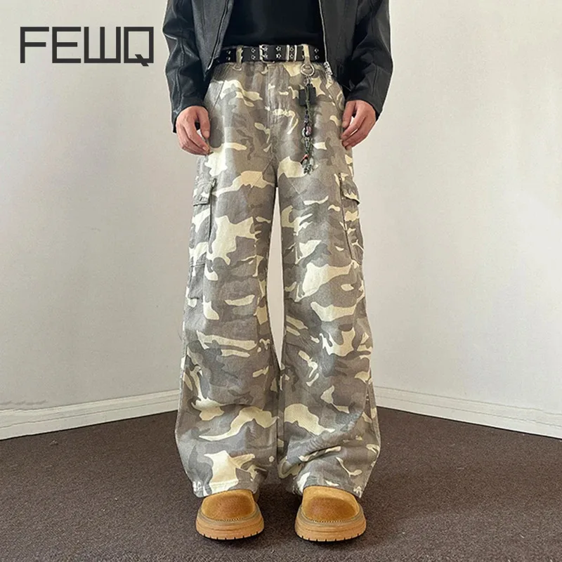 Fewq calças camufladas masculinas, calças de trabalho 2024, cor contrastante, moda coreana, pernas largas, calças cargo masculinas casuais 24e5600