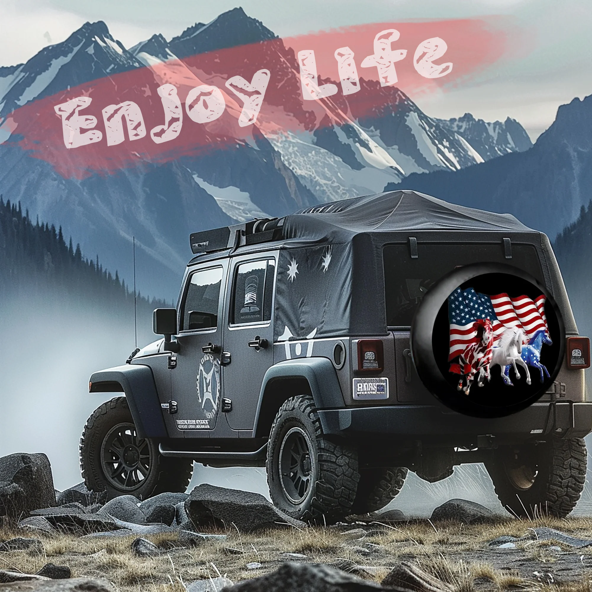 1pc  Durable Polyester National Flag And Horse Windproof And Dustproof Spare Tire Cover  Suitable For Rvs, Campers, Suvs, Truc