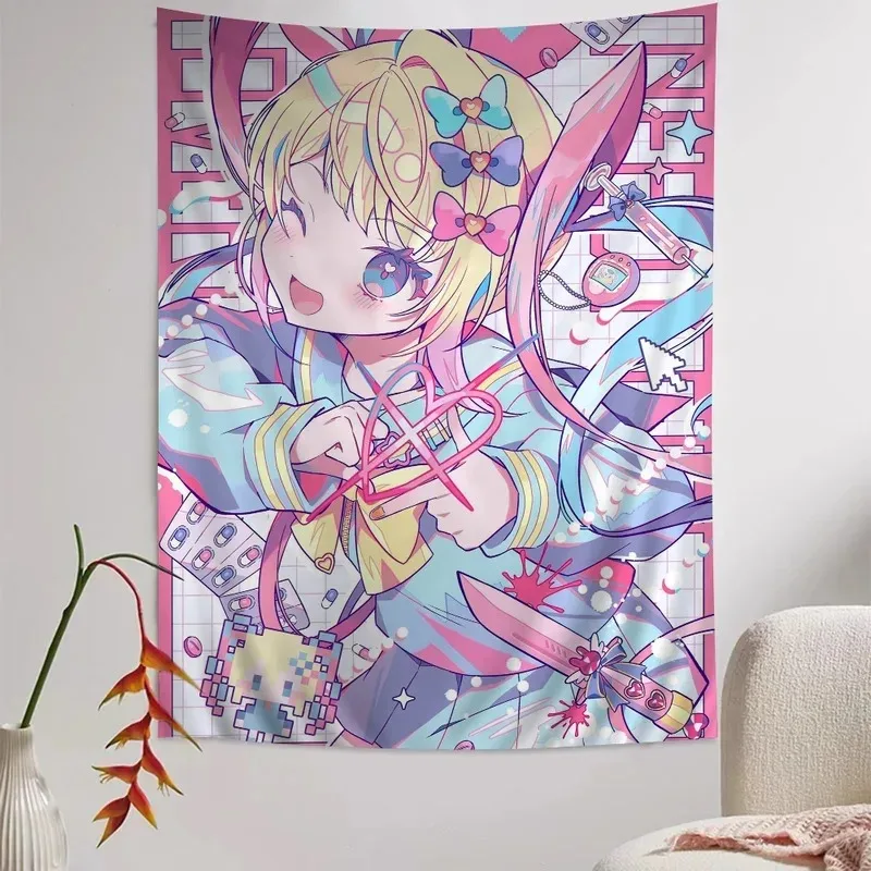 Cyber Yandere Girl Tapestry, Y2K Aesthetic Wall Hanging, Kawaii Room Decor for Bedroom Wall Styling & Photo Backdrop