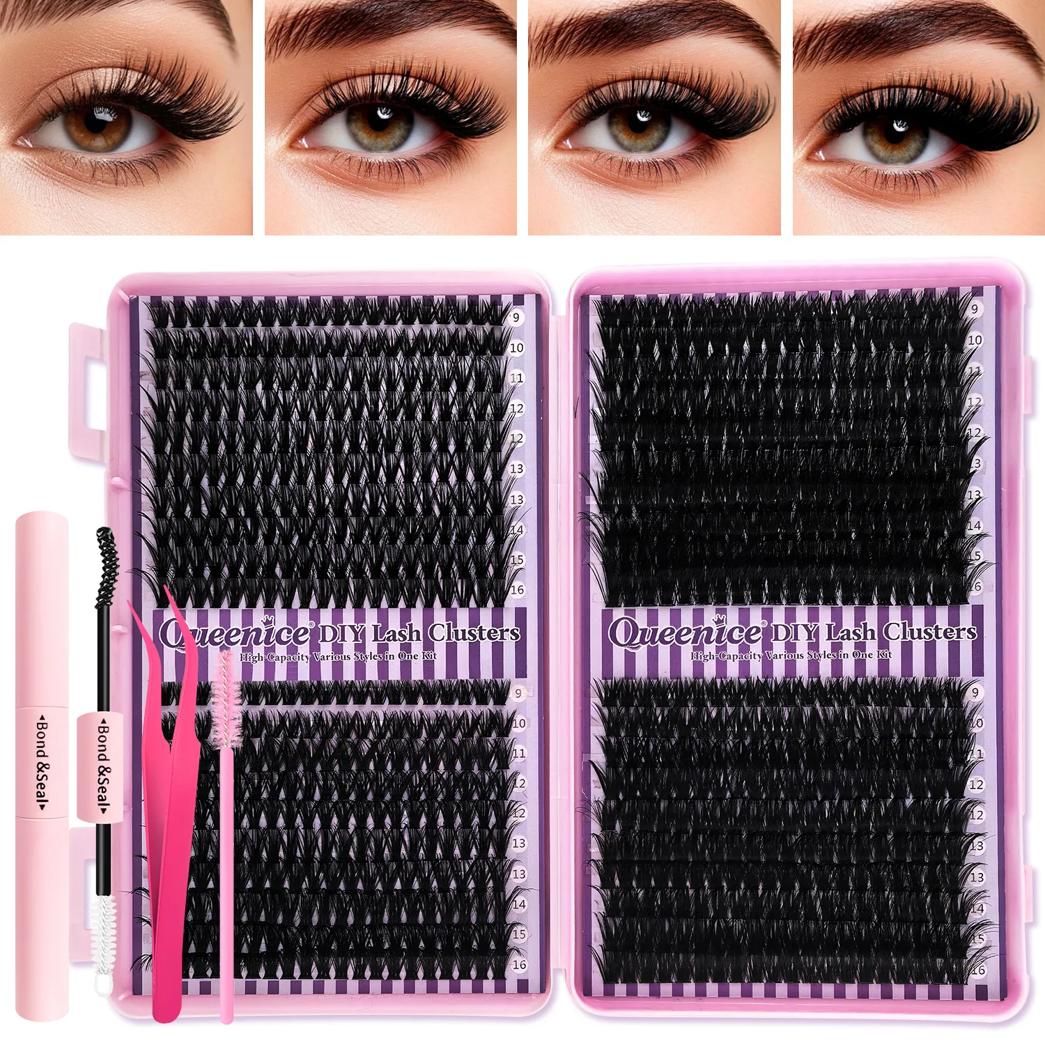 Queenice New DIY Eyelash Extension Kit 4 Styles D Curl Individual False Eyelashes with Bond & Seal Glue, Tweezers & Brush