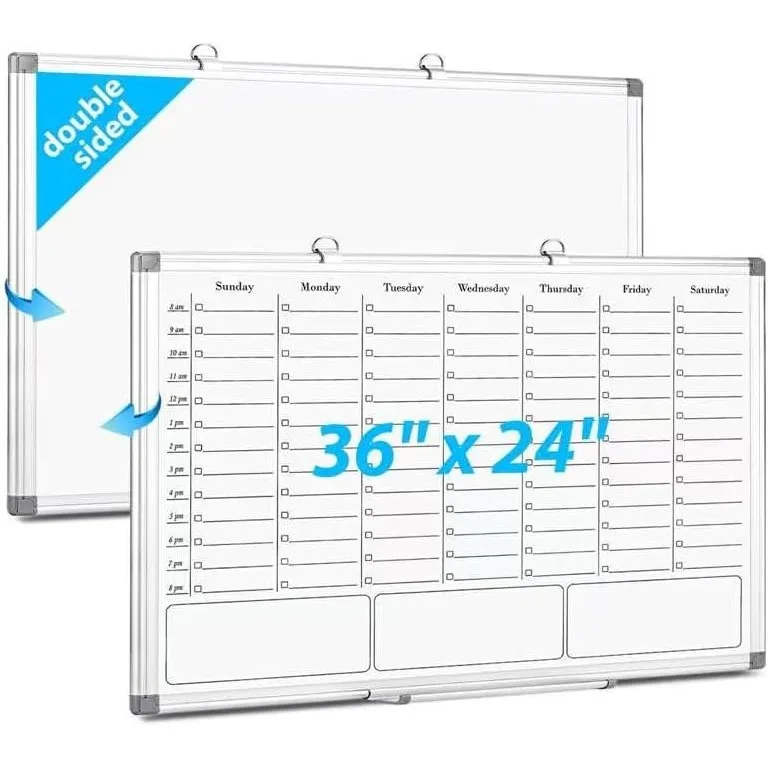 

Weekly Calendar Dry Erase Board for Wall, 36"×24" Double-Sided Magnetic Whiteboard with Hourly Slots, Planning, Memo, To Do