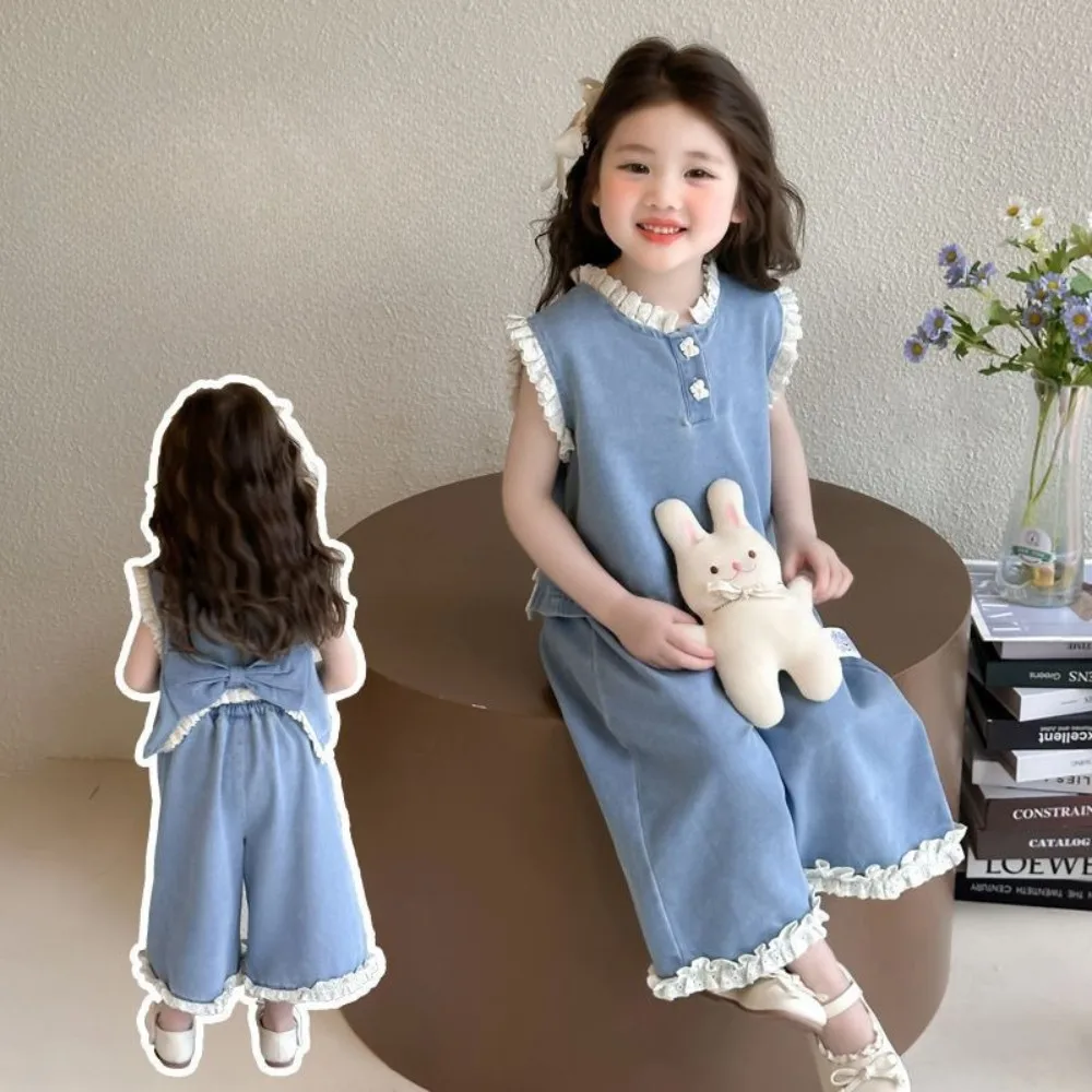 صيف جديد النسخة الكورية الدانتيل المرقعة تقليد سترة جينز وسراويل قطعتين مجموعة 2-7 سنوات القوس ملابس الفتيات عادية #4