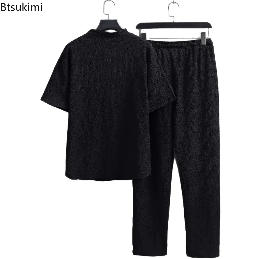New 2025 Men's Summer Sets Fashion Solid Color V-neck T-shirts Set for Men Casual Loose Short Sleeved and Long Pants Set Male