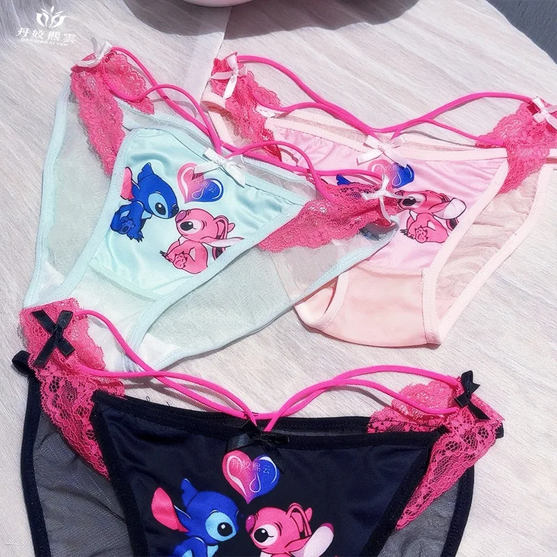 

Kawaii Disney Underpants Stitch Angel Transparent Mesh Underwear Women Lace Low Waist Cute Women Accessories Performance Dress