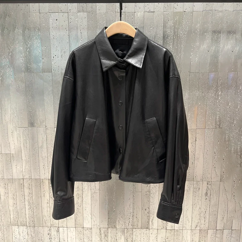 Giacca in Pelle PU con Collo Alto per Donna, Stile Francese, Vestibilità Ampia con Tasche Oblique per l'Autunno