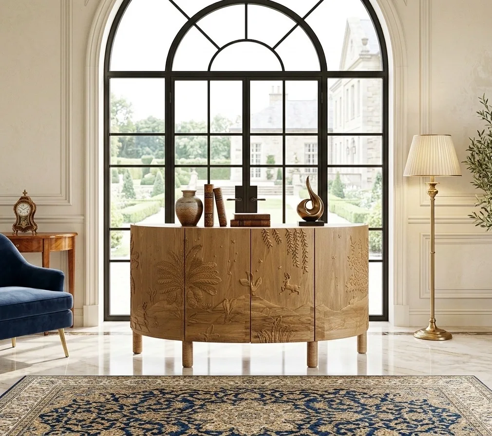 Luxury handmade modern hand-carved solid wood oval locker with relief panel dining side cabinet suitable for living room