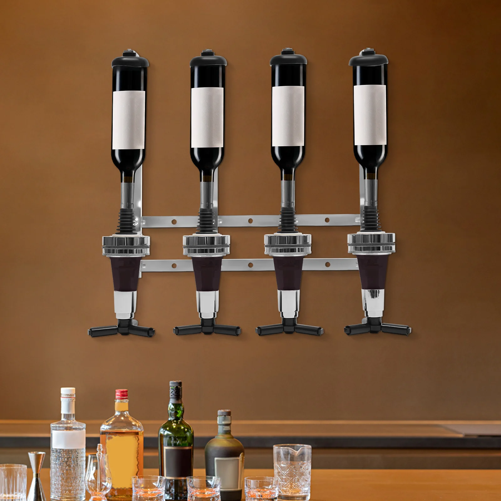 

4 Bottle 25ml Liquor Dispenser Wall Mounted Professional Beverage Dispenser Bar Butler Wine Bracket Home Bar Pourer Rack