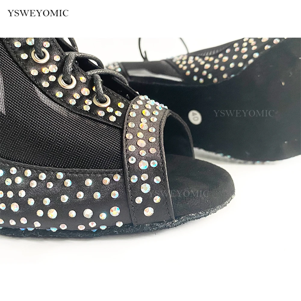 Salsa Rhinestones Dance Booties 2023 Black Satin Customized Latin Ballroom Dance Shoes Meduim 7cm Heels For Women and Girls