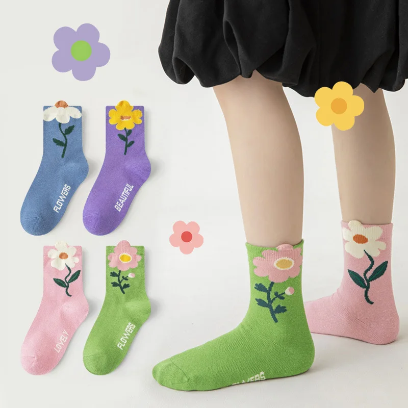4 Paar Mädchensocken mit niedlichem Blumenmuster in Bonbonfarben, bequeme, atmungsaktive Kindersocken – Detail 2