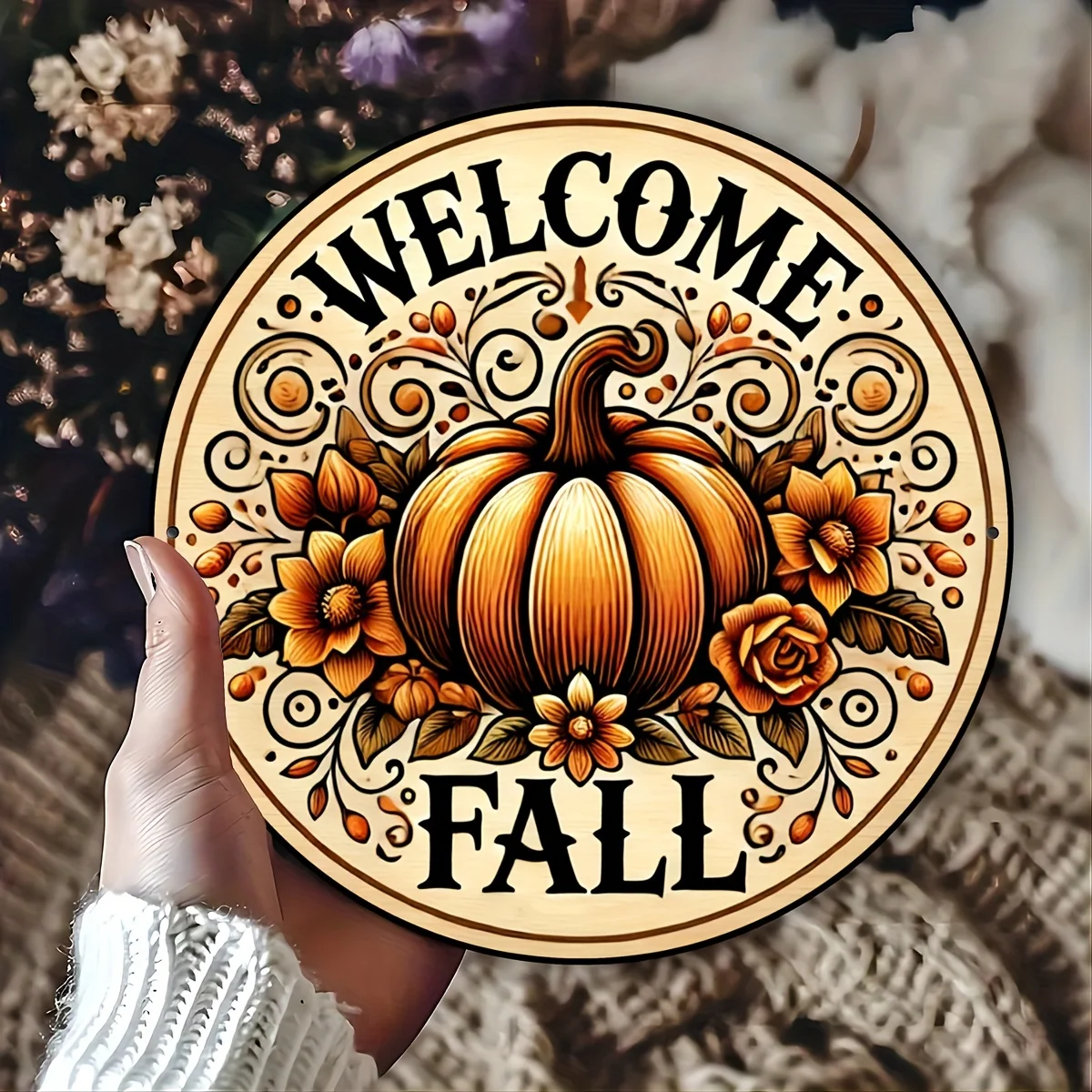 علامة ألومنيوم لإكليل اليقطين المستدير من Welcome Fall - ديكور موسمي مقاس 8 × 8 بوصة للمنزل والحديقة