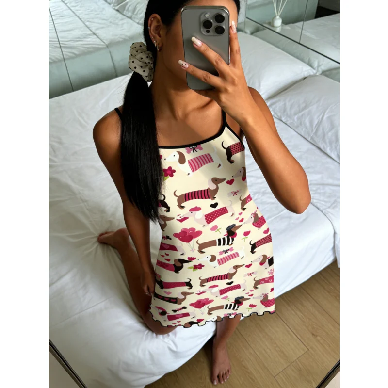 

Women Summer Nightdress Spaghetti Strap Ruffle Trim Round Neck Home Loungewear Sleep Dress Cute Dachshund Heart Print