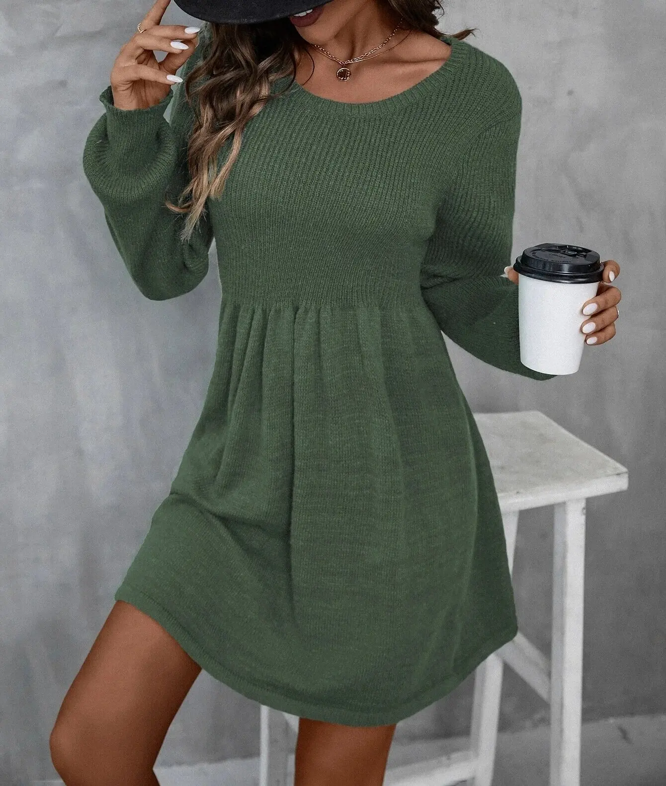 Solid Knit Sweater Dress, Elegant Long Sleeve A-Line Mini Dress, Women Clothing