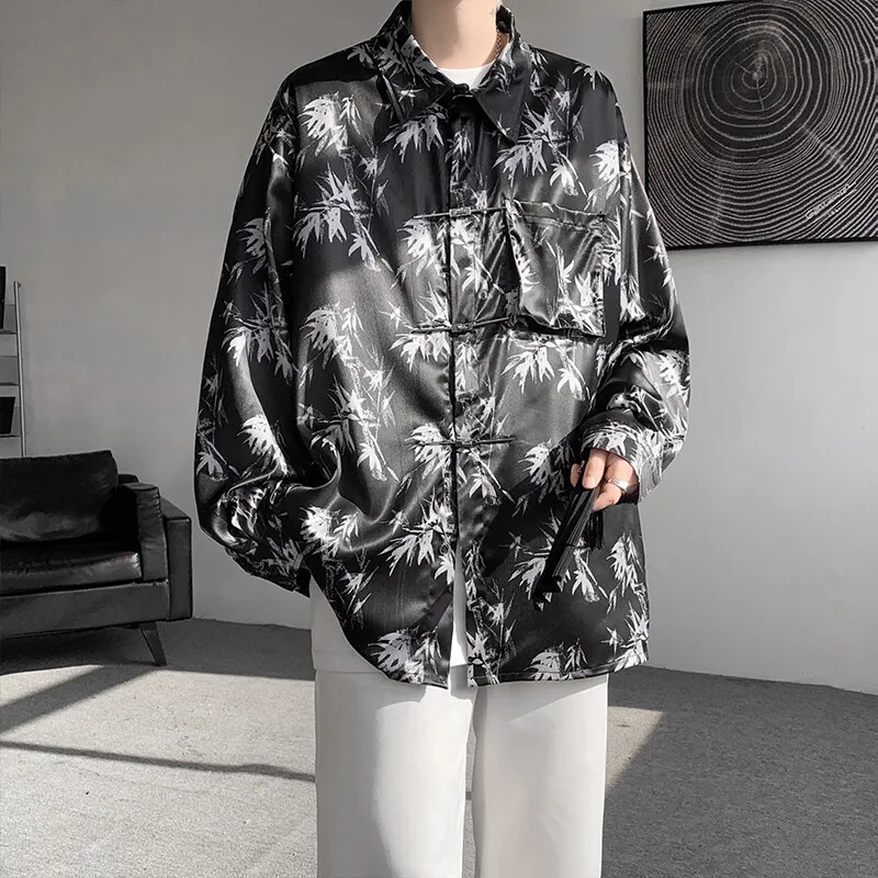 Ink Bamboo Print Long Sleeve Chinese Style Shirt Loose Fit Traditional Design for Men Versatile & Elegant Cultural Wear Clothing