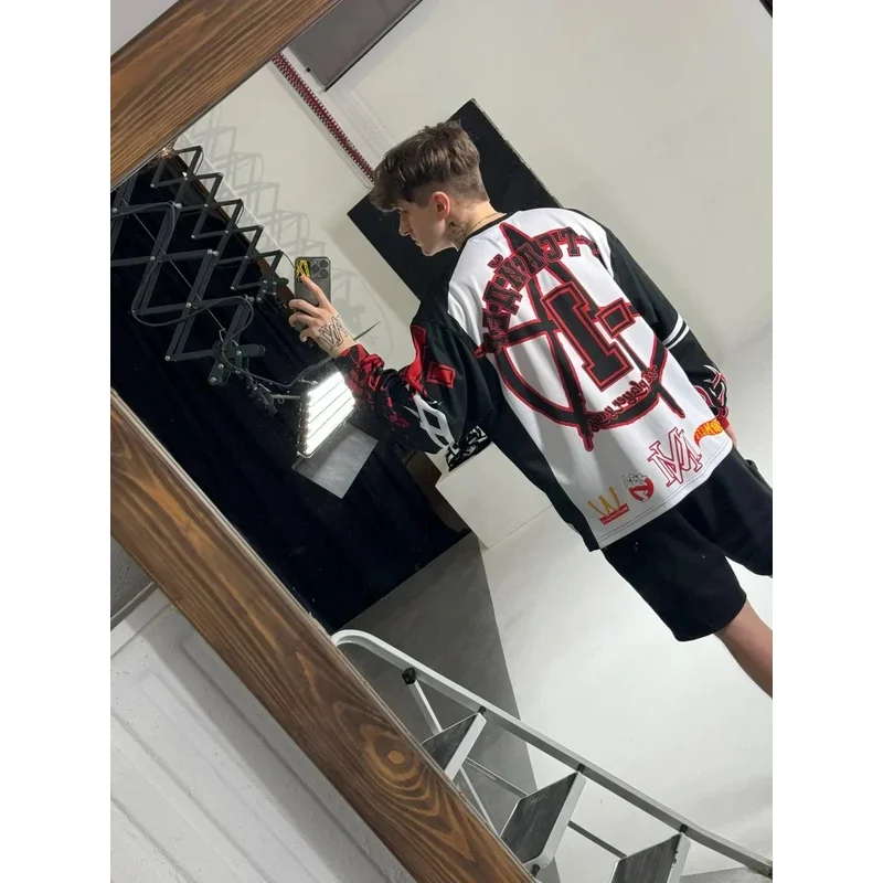 Новинка 2025, футболка Marcelin Outsider RED Y2k с длинными рукавами, топ в стиле хип-хоп, Harajuku, повседневная свободная спортивная бейсбольная майка Me ★ ★ ★