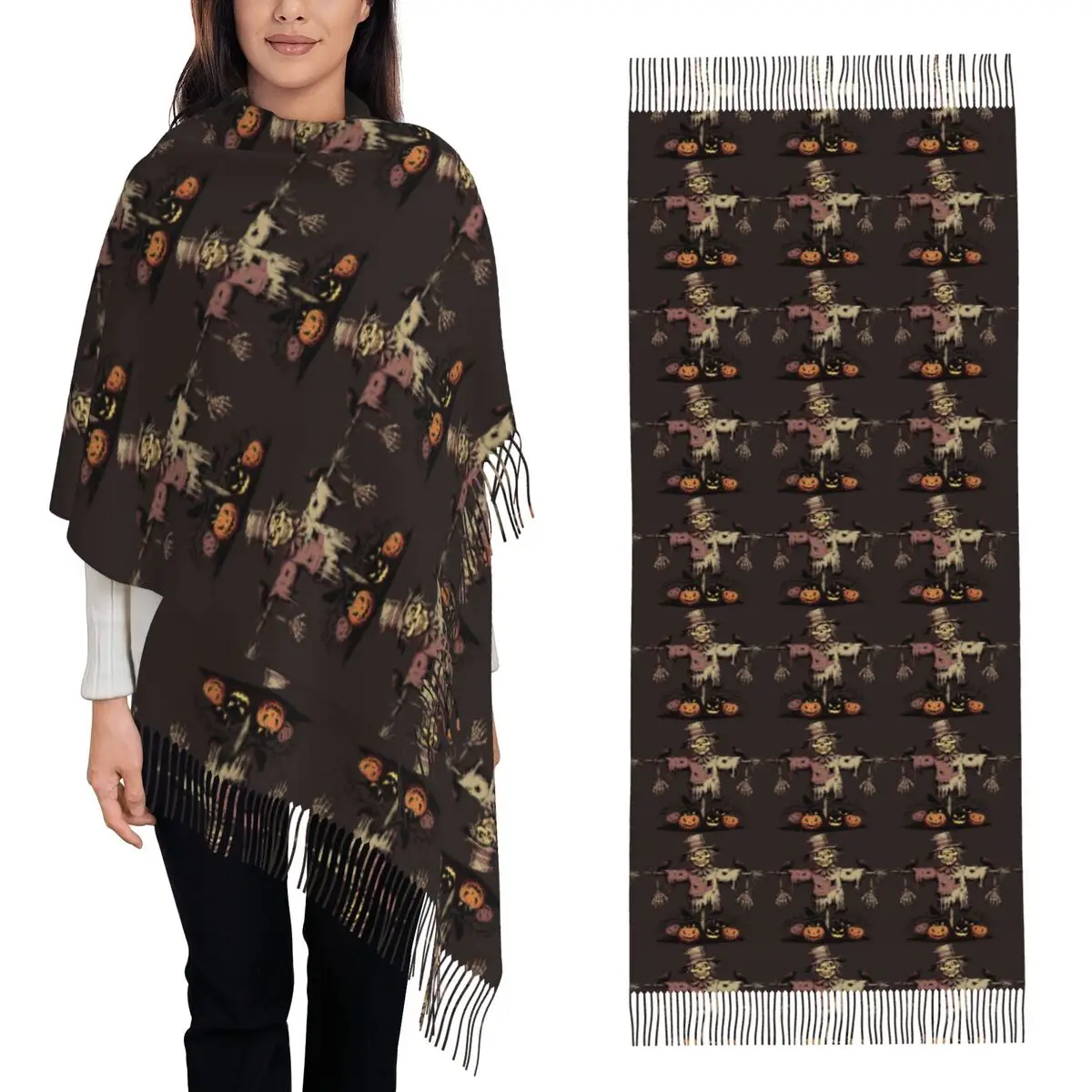Halloween Pumpkin Scarecrow Scarf Tassel Scarves Women Soft Warm Shawls and Wraps Large Fall Winter Shawl Wrap