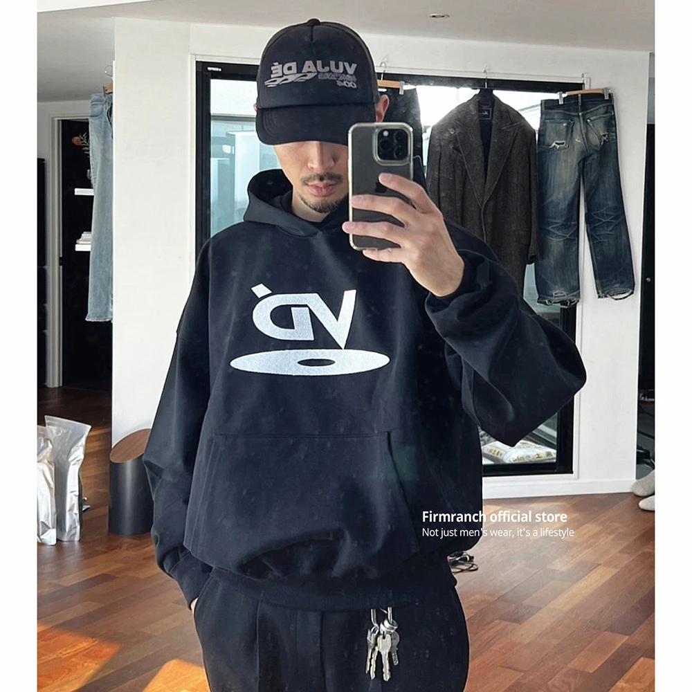 Firmranch Korean Fashion Kenijima CD VD Embroidery Hoodie For Men Women Spring Autumn Clothes Loose Black Sweatshirt