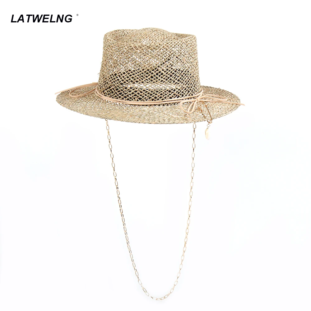 Design Bow Ribbon Straw Hats For Women Chain Rope Sun Hat Summer Hollow Beach Hat Ladies Party Cap Gifts