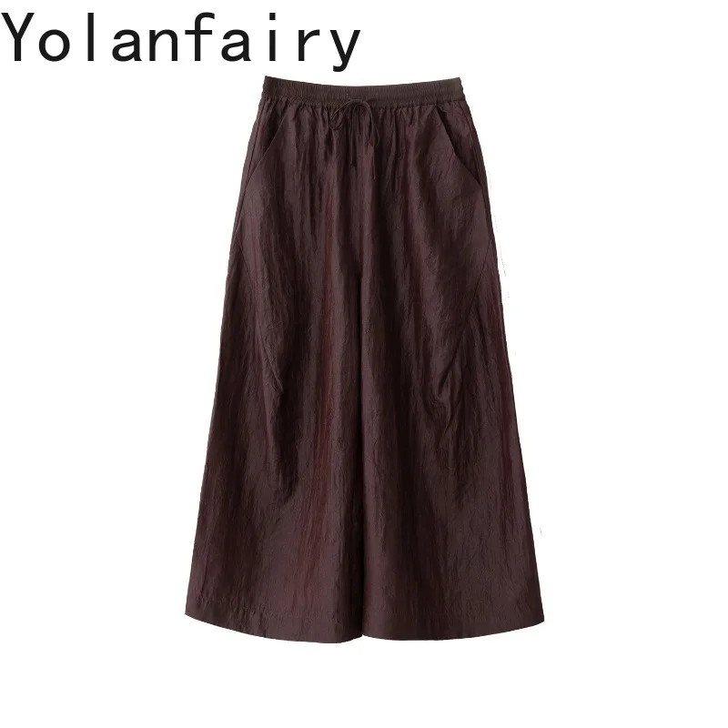 YOLANFAIRY Luxury 100% Real Mulberry Silk Pants Woman Summer Red Watered Gauze Trousers Pleated Texture Wide Leg Skirt Pants