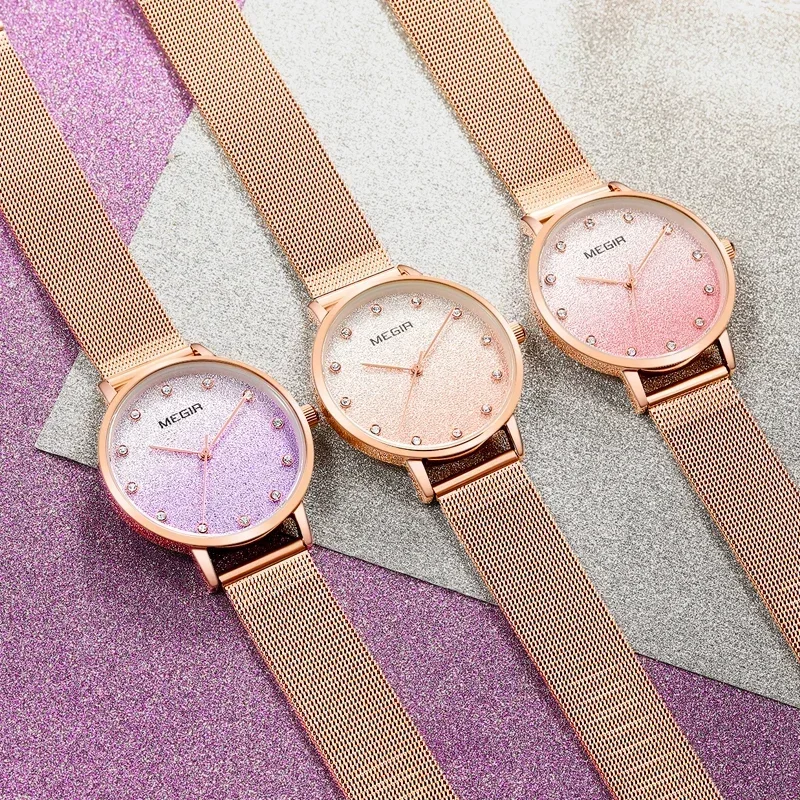 Relojes MEGIR de oro rosa para mujer, reloj de pulsera para mujer, reloj de pulsera de lujo con diamantes de imitación de marca superior, reloj de cuarzo de cristal para mujer