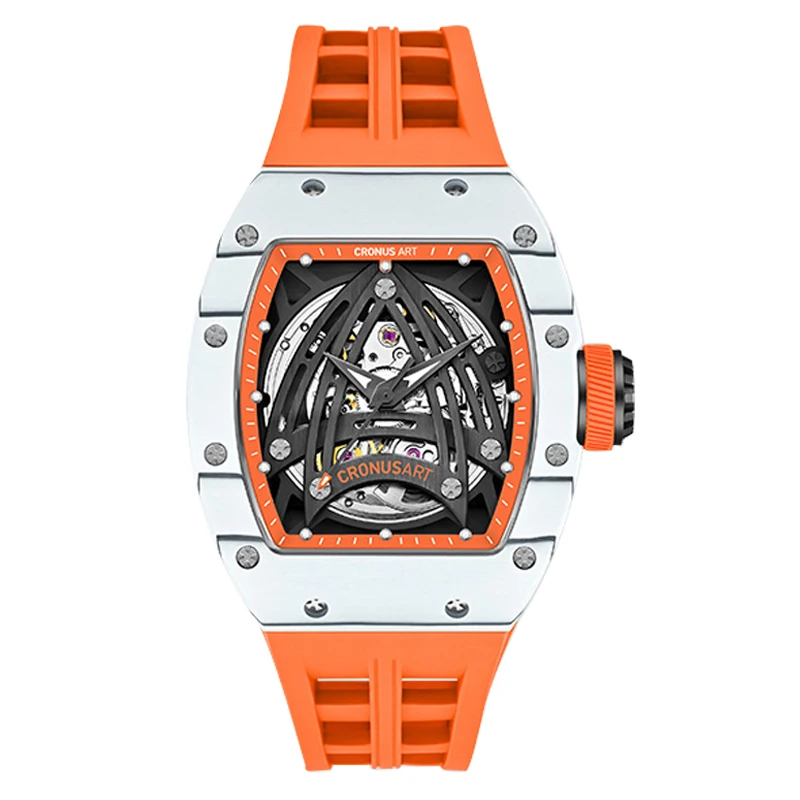 

CRONUSART Мужские автоматические часы 55 мм * 44 мм Tonneau Корпус из углеродного волокна Механические наручные часы Светящийся скелетонный циферблат SW200